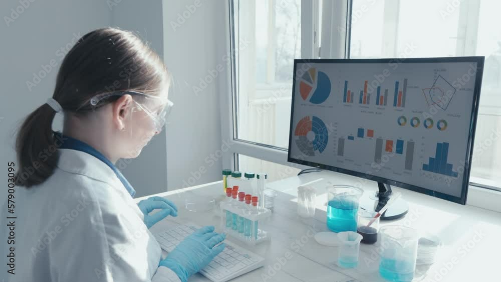 Poster a female researcher sits at a workplace in a laboratory, behind a personal computer monitor. against