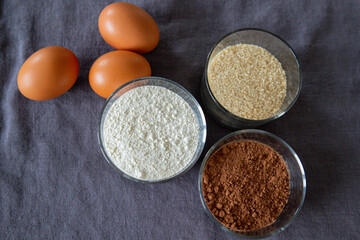 Chocolate cake products, cocoa powder, flour, eggs, cane sugar