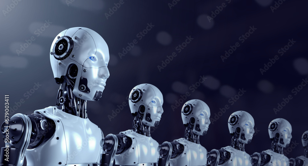 Poster the row of 3d rendering humanoid robot portraits, robotics army, industrial group of cyborg machines