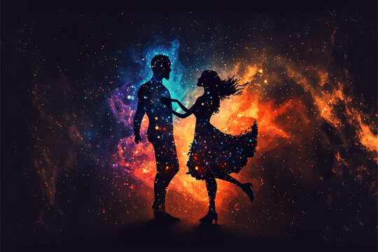 Ilustraci&oacute;n de la silueta de una chicho y una chica bailando sobre un fondo de luces RGB
