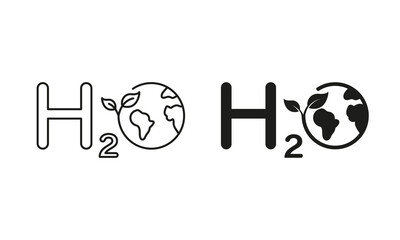 H2O Ecology Line and Silhouette Icon Set. Eco Water Chemistry Formula with Globe and Leaf Symbol Collection on White Background. Aqua with Earth Nature Environment. Isolated Vector Illustration