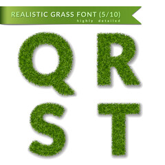 Grass letters Q, R, S, T set alphabet 3D design. Capital letter text. Green font isolated white background, shadow. Symbol eco nature environment, save the planet. Detailed meadow Vector illustration - 579003813