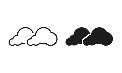 Smoke in Cloud Shape Line and Silhouette Icon Set. Smog Air, Toxic Climate. Dioxide Gas in Fluffy Sky Symbol Collection on White Background. Exhalation Steam. Isolated Vector Illustration