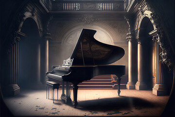Ilustración de un piano de cola en una habitación en ruinas. Generative Ai 