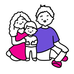cute lovely family in cartoon style. simple icon with mom dad and baby in pink and purple colours