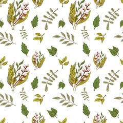 seamless green and white floral background. plants, leaf and brunch endless texture. simple botanical repeat wallpaper or textile 