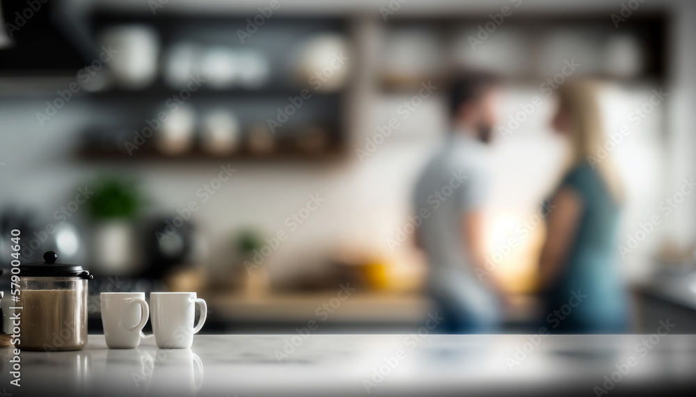 Poster an empty kitchen counter worktop for product display. blurred people in the background. generative a