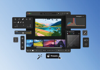Editing software for importing, saving, viewing, organizing, tagging, editing, and sharing large numbers of digital images. Presets for many photos. App for photographers