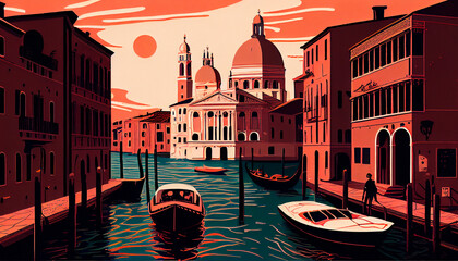 postcard, poster, venice background. illustration inspired by postcards and posters from the 70s, Italy. travel, vacantions. Creatred with AI - obrazy, fototapety, plakaty