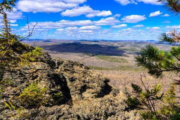 Fototapeta na wymiar South Ural Mountains with a unique landscape, vegetation and diversity of nature in spring.