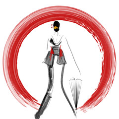illustration of a person in a suit. A woman in a dress with a red circle behind her