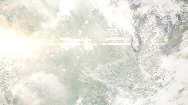 Earth zoom in from outer space to city. Zooming on Ankeny, Iowa, USA. The animation continues by zoom out through clouds and atmosphere into space. Images from NASA