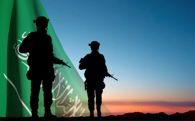 SIlhouettes of a soldiers against the sunset sky and Saudi Arabia flag. Concept - Armed Force of Saudi Arabia. National Holidays background. EPS10 vector