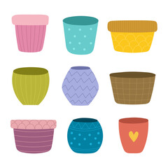 Doodle flower pots set. Colorful plant pots collection in cartoon style. Decoration elements isolated on white background. Vector illustration