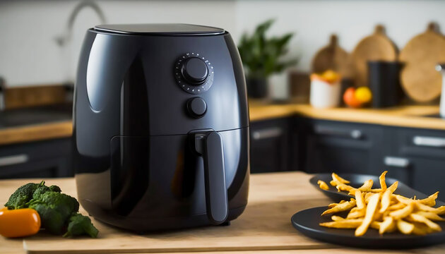 Black Air Fryer Or Oil Free Fryer Appliance On The Wooden Table In The Modern Kitchen, AI Generative