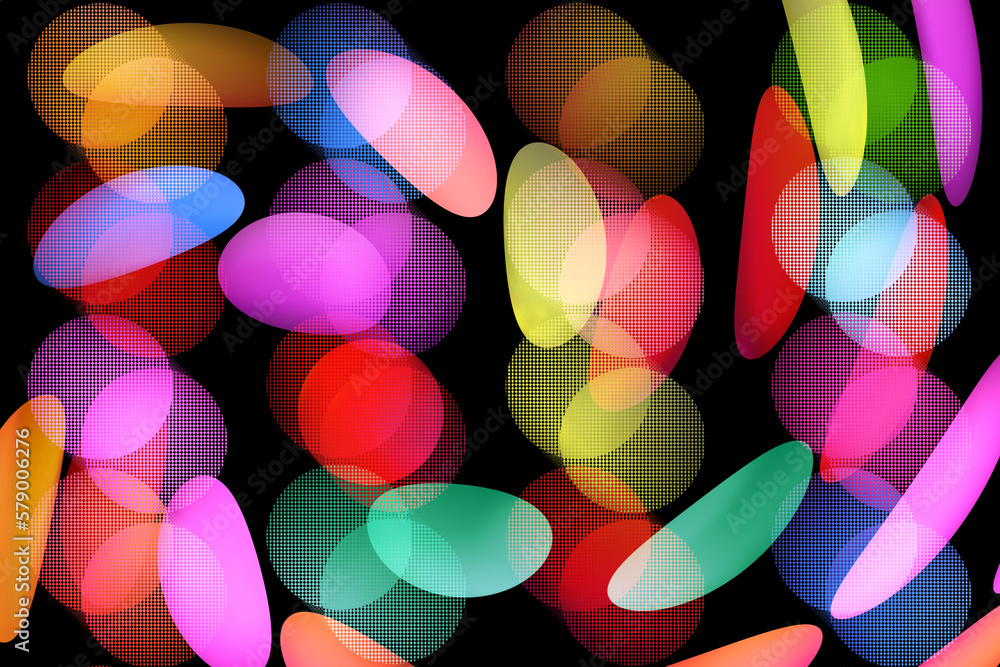 Poster multicolor abstract party bokeh with halftone effect on a black background