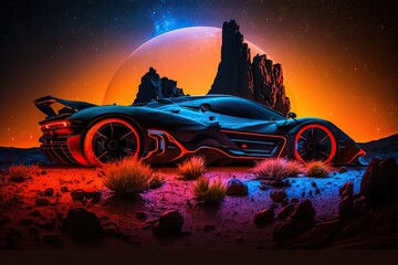 blue neon supercar in the desert of mars, illustration, generative ai - obrazy, fototapety, plakaty