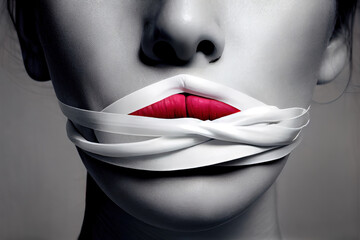 A woman's mouth is sealed with a white tape. Generative Ai