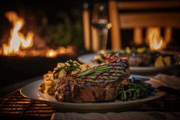 Grilled beef steaks on a barbecue grill with flames, close up. AI Generation