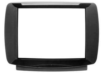 Front panel of vintage black stereo CRT television set with cut out screen isolated on white background. Retro technology mockup