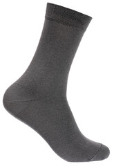 Long grey cotton sock on foot mannequin isolated on a white background