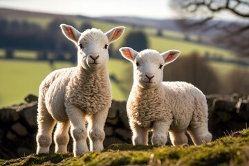 Naklejka na ściany i meble Spring lambs in countryside in the sunshine. AI Generation