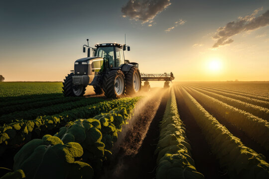 Fototapeta Tractor spraying pesticides on soybean field at spring. AI Generation