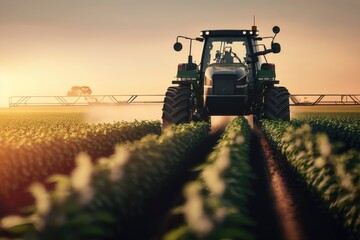 Tractor spraying pesticides on soybean field at spring. AI Generation - obrazy, fototapety, plakaty