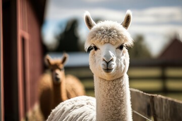 Obraz premium White alpaca smiling at the camera in an alpaca farm. AI Generation