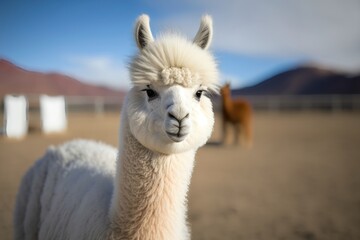 Fototapeta premium White alpaca smiling at the camera in an alpaca farm. AI Generation