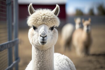 Obraz premium White alpaca smiling at the camera in an alpaca farm. AI Generation