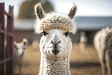 Obraz premium White alpaca smiling at the camera in an alpaca farm. AI Generation