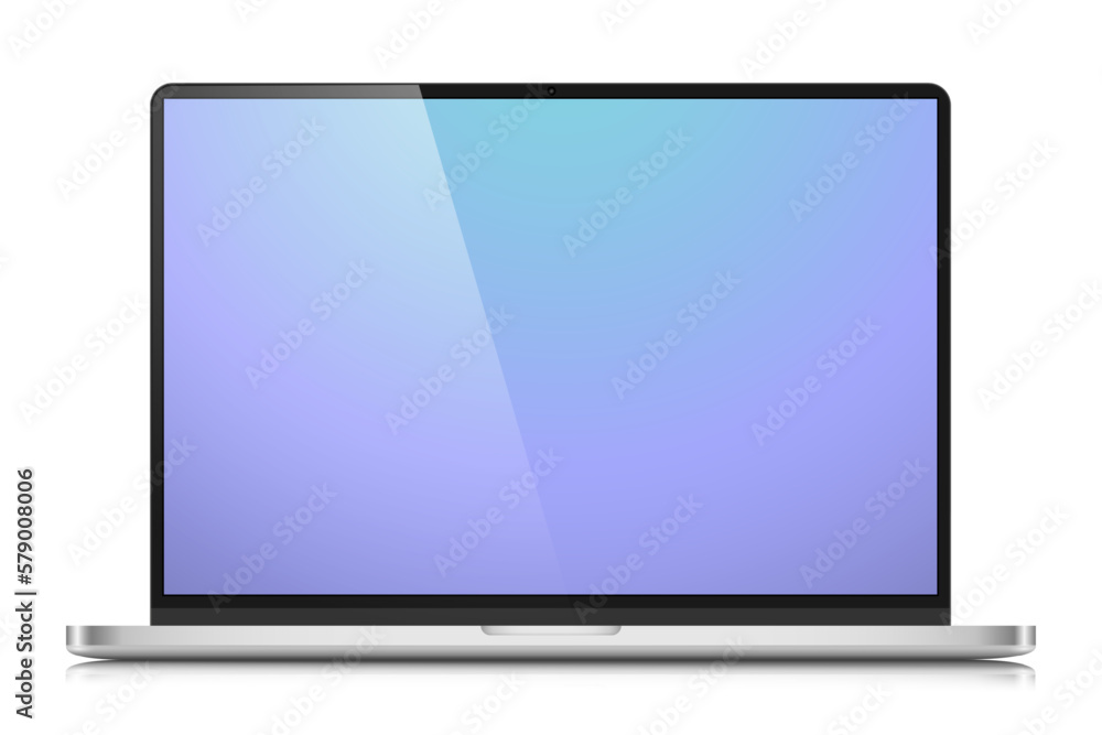 Poster the layout of a modern laptop in a silver thin metal case. laptop with a color gradient screen and r