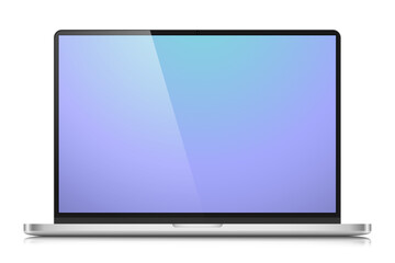 The layout of a modern laptop in a silver thin metal case. Laptop with a color gradient screen and reflection on a white background. Vector illustration.