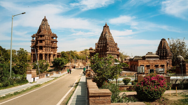 Mandore gardens is collection of temples and memorials near Jodhpur. Ancient ruined fort. Famous Government Museum from bygone eras. Hindu Royal Maharaha Site. Vintage Ancient rock curved temples.