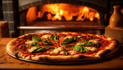 Delicious Italian Pizza with Mozzarella and Basil Freshly made in an wooden fire oven. Generative AI