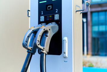 Charging cable at electric vehicle charging station in Chengdu, China