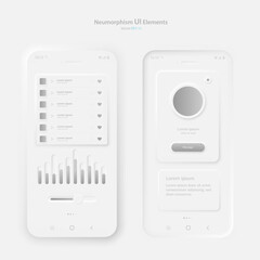 A set of smartphone screens in the neumorphism style on a white background. User interface elements. A phone screen layout and a set of user interface icons . Vector EPS 10.