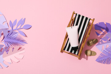 Concept of summer skin care accessories, space for text