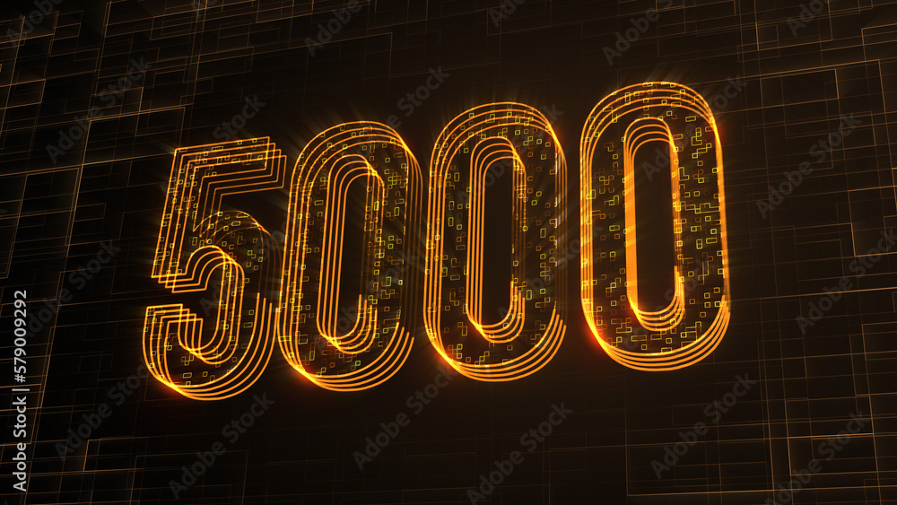 Poster futuristic golden 3d perspective view 5000 number text lines with square dots fractal digital techno