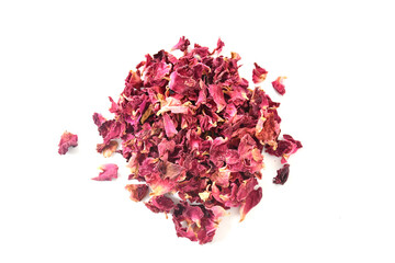 Dehydrated Rose petals top view in white background close up. Dried flower petals. Floral concept. Natural herbal cosmetics. Top view.Tea rose flowers on a white background.
