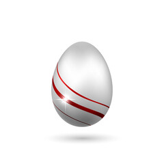 Easter egg 3D icon. Red silver egg, isolated white background. Bright realistic design, decoration for Happy Easter celebration. Holiday element. Shiny pattern. Spring symbol. Vector illustration