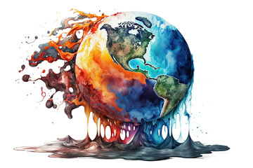 earth, planet on fire, climate change, global warming, watercolor illustration, transparent background, generative ai