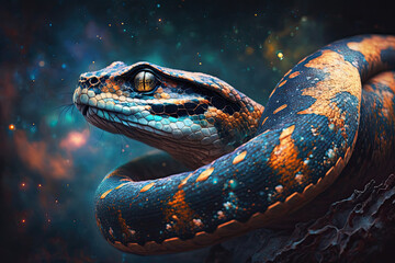Fototapeta premium Snake on Space Nebula Wallpaper - Generative AI