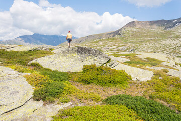 A hiker in the middle of a green alpine mountain landscape in summer leading to the Mount Cenis Lake. The sky is blue with soft clouds.