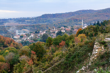 Fototapeta na wymiar Autumn mountain village landscape. Turkiye, Yalova province, Sogucak