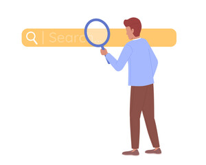 Fototapeta na wymiar Man with magnifying glass searching on internet flat concept vector spot illustration. Editable 2D cartoon character on white for web design. SEO creative idea for website, mobile, magazine