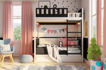 Modern interior design of woman or childrens bedroom with bunk. Super photo realistic background, generative ai