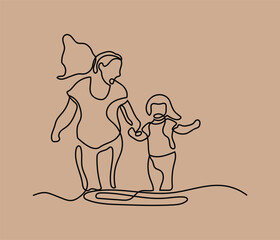 Mom and daughter playing together oneline continuous single editable line art