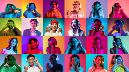 Emotions and facial expressions. Collage of ethnically diverse people expressing different emotions over multicolored background in neon light.